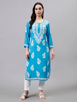 Firozi Blue Rayon Chikankari Women Kurta