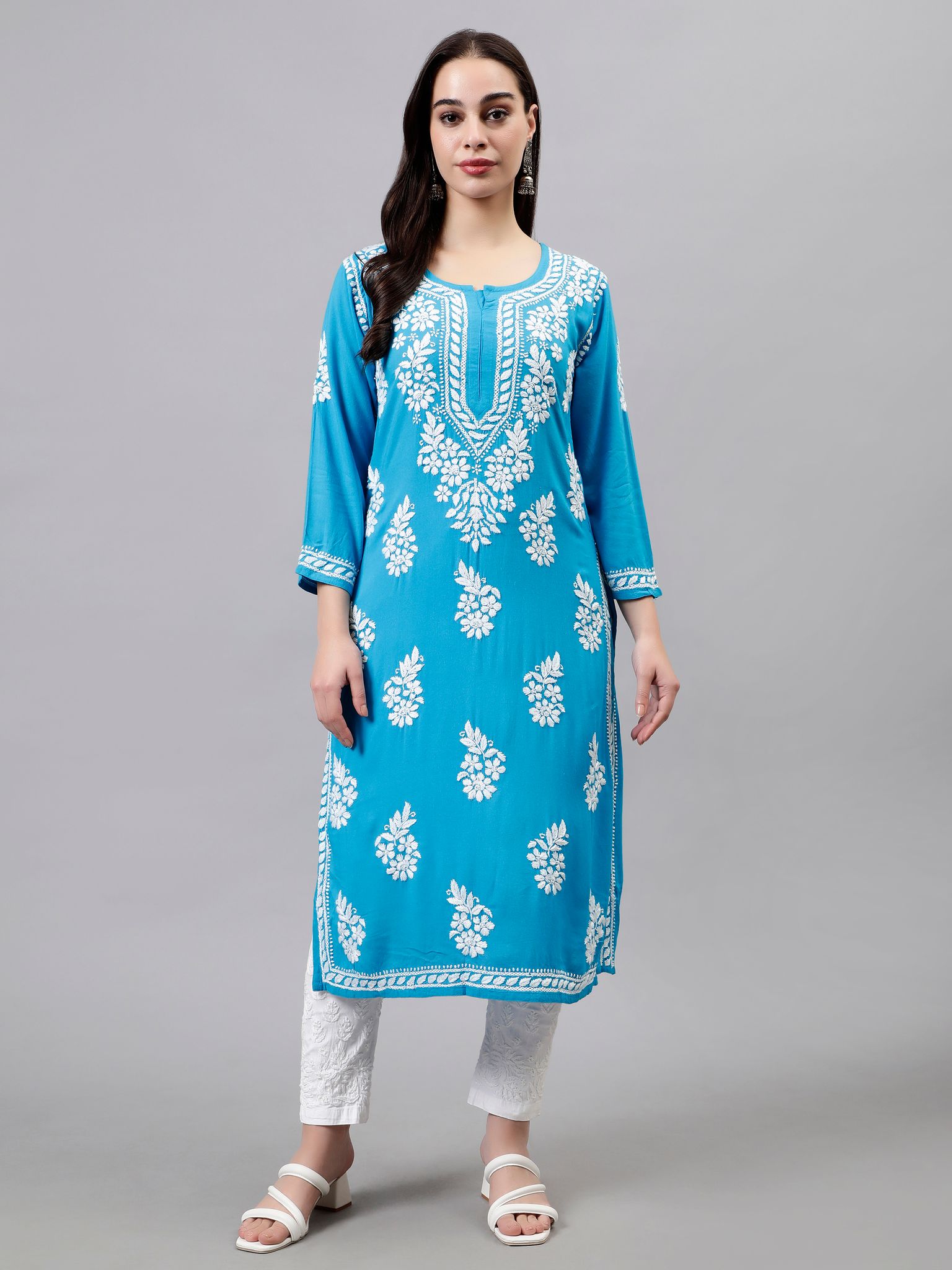 Firozi Blue Rayon Chikankari Women Kurta