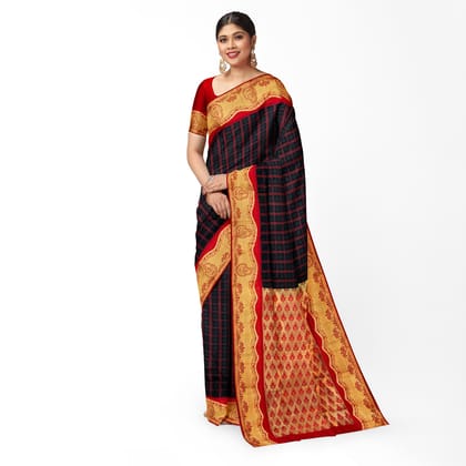 Black Color Checkered Soft Silk Saree with Unstitched Blouse