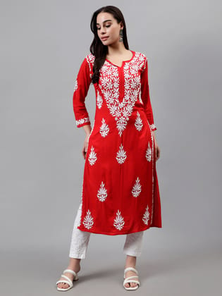 Seva Chikan Ghass Patti Chikankari Red Modal Kurta