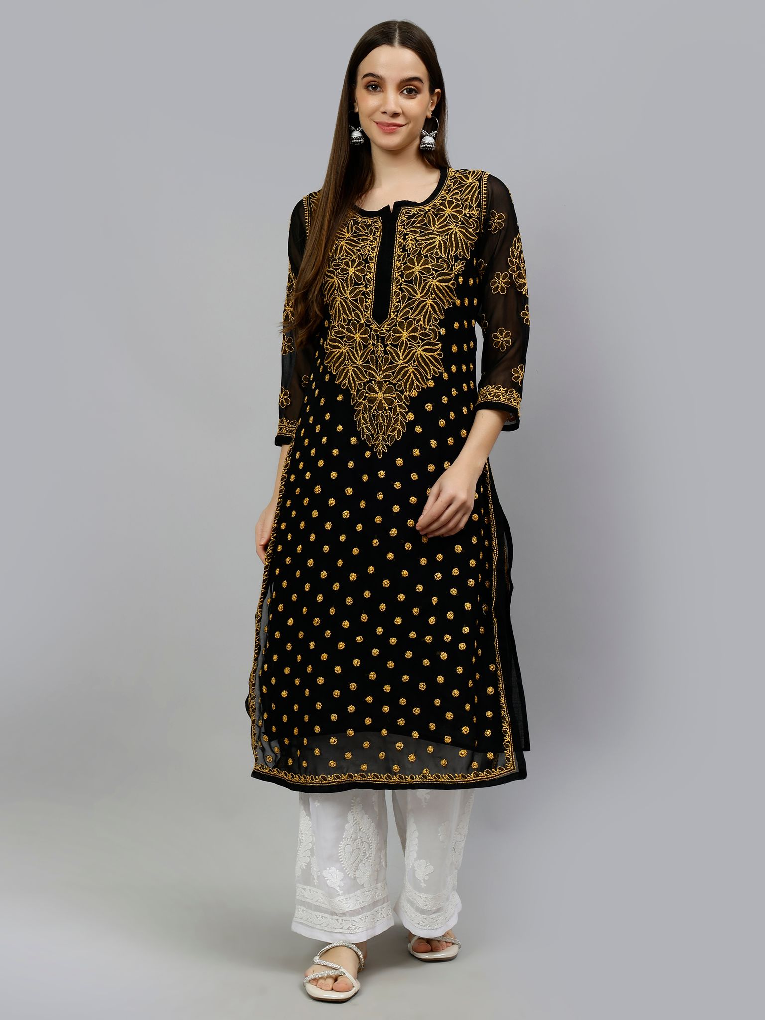 Seva Chikan Lucknowi Chikankari Black/Beige Georgette Resham Work Kurta & Slip