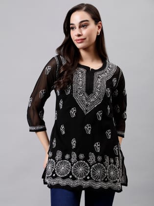 Seva Chikan Lucknowi Chikankari Black Georgette Top/ Kurti & Slip