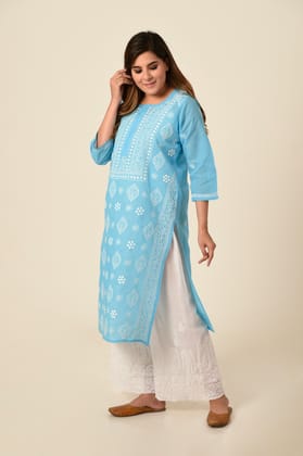 Ladies New Fashion Hand Chikankari Kurti Blue