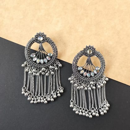 Oxidised Silver Long Drop Chandbali Earrings