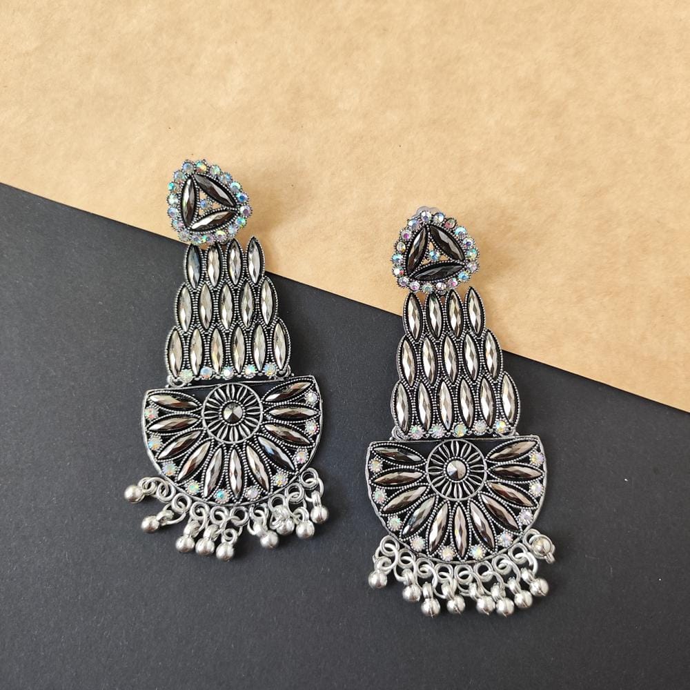 Trendy Oxidised Silver White Stone Long Earrings For Women