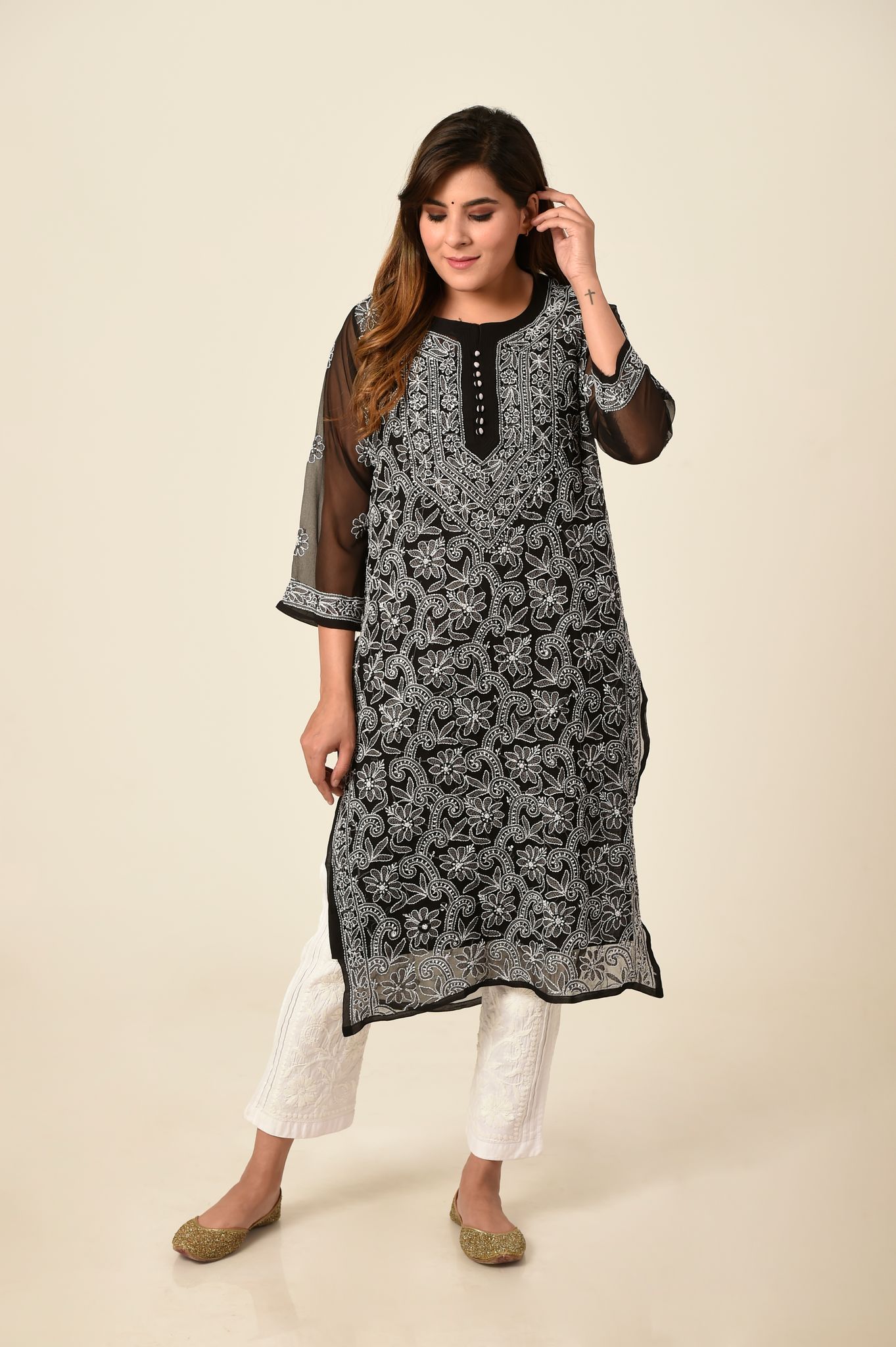 Ladies New Fashion Hand Chikankari Kurti Black | Semi Georgette