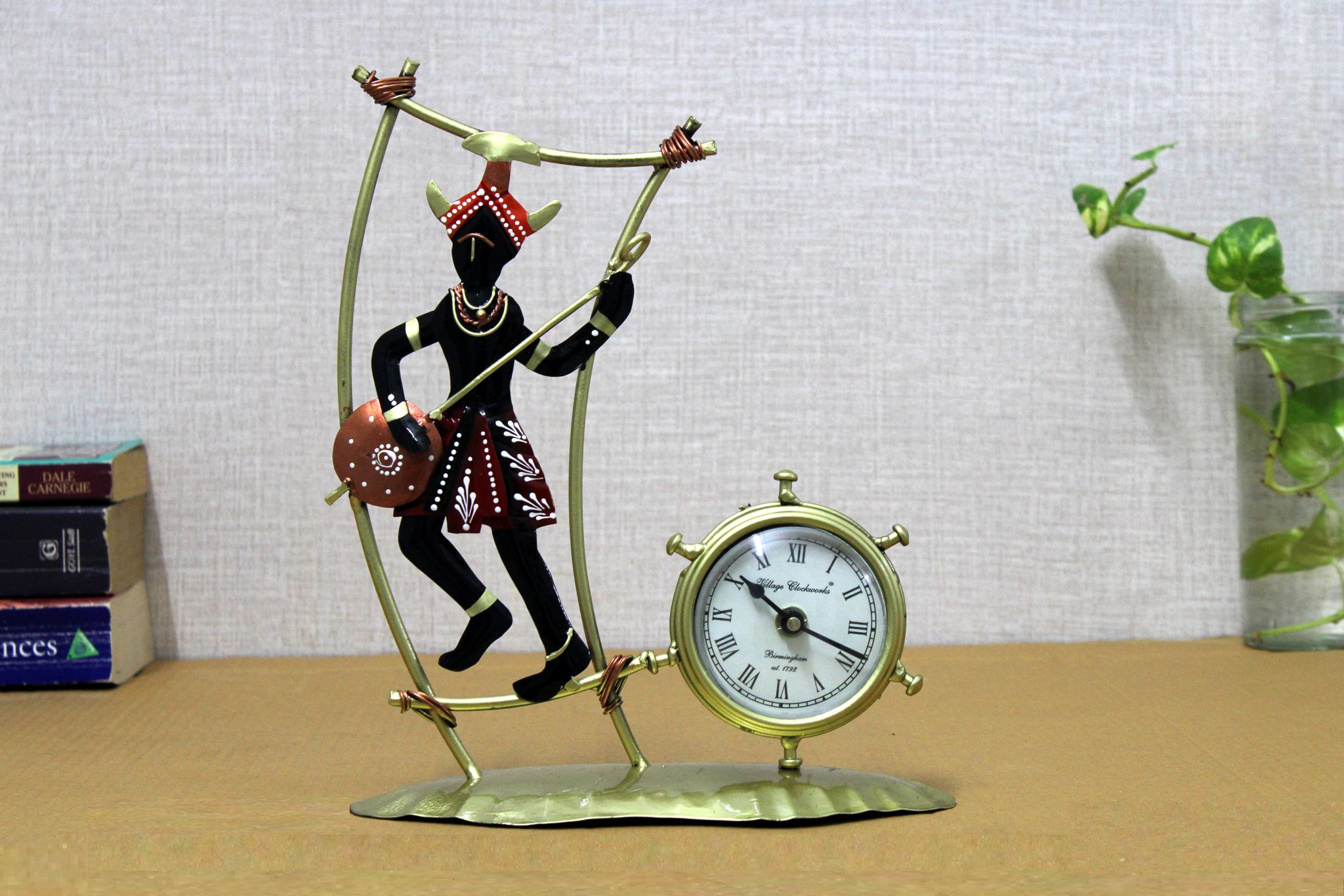 Handmade Metal Aadiwasi Man With Clock Decorative Showpieces for Home or Table Décor