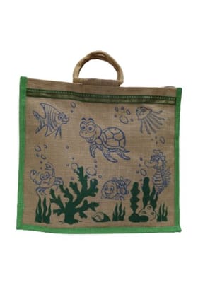 PALAK SAXENA Jute Bag for Shopping - Printed Jute Bag | Eco Friendly Bags for Shopping - Cute & Quirky Collection (Tortoise, Fish - Green)