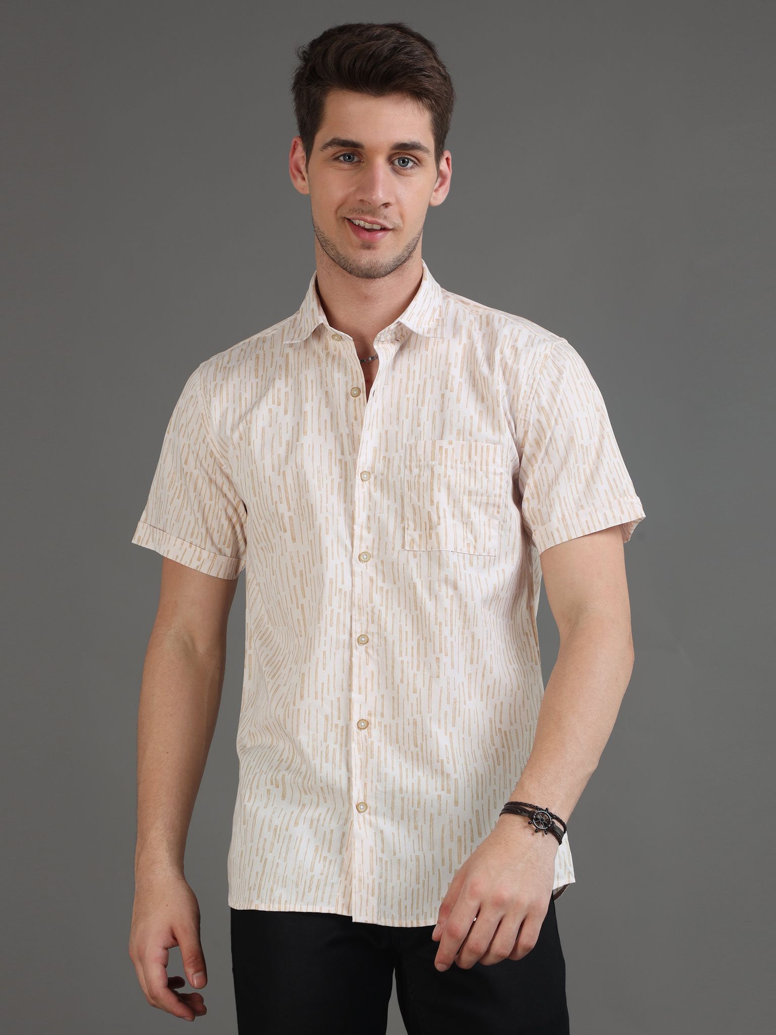 Dash Brown Stripe Print Half Sleeves Shirt