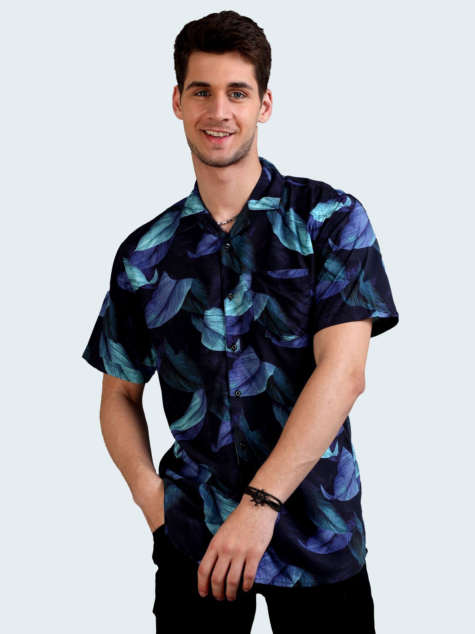 Retro Leaf Printed Half Sleeves Cuban Collar Shirt