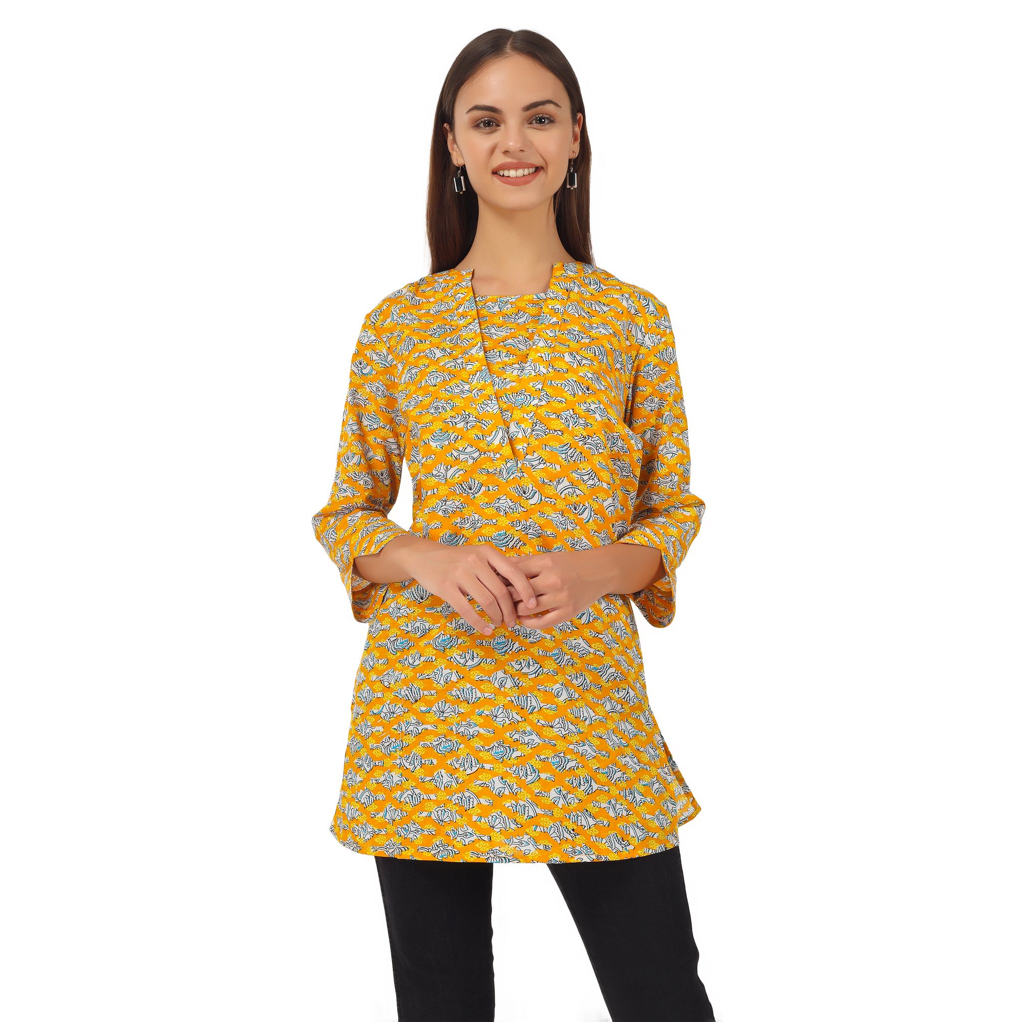 Jacobin Cuckoo Maternity Garments Yellow Printed Long Top for Women & Girl