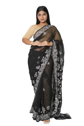 VASU INC. Handmade Lucknow Chikankari Black Saree ms012