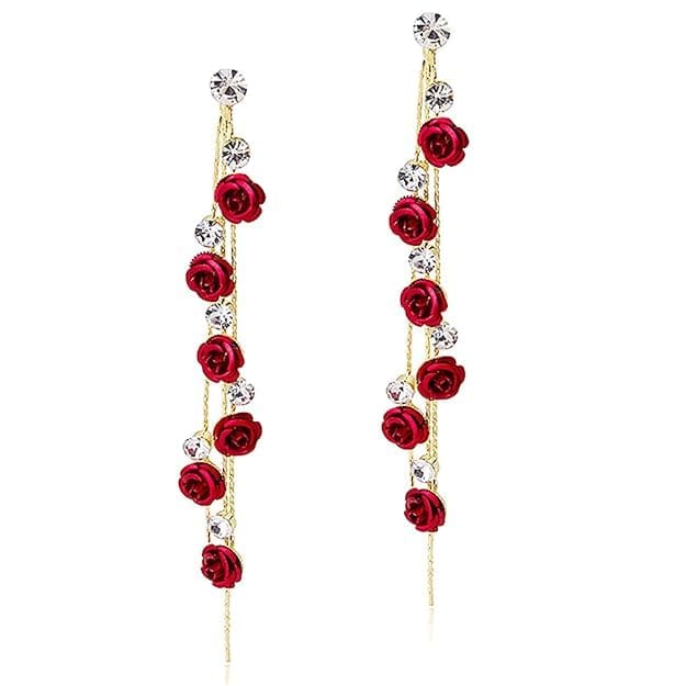 SHIVOHUM CREATION Unique Chic Long Tassel Chain Red Purple Rose Flower Dangle Drop Stud Earrings with White Sparkly Crystal for Women