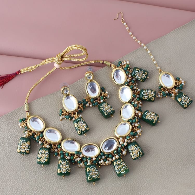 LUCKY JEWELLERY Back Meenakari 18k Gold Plated Green Color  Tika Earring Combo Uncut Big Faux Kundan Choker Necklace set