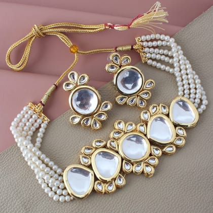 LUCKY JEWELLERY Back Meenakari 18k Gold Plated White Color  Earring Combo Uncut Big Faux Kundan Choker Necklace set