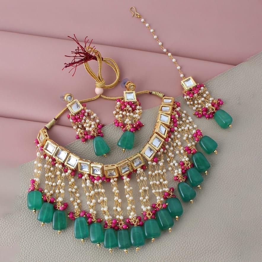 LUCKY JEWELLERY Back Meenakari 18k Gold Plated Multicolor Tika Earring Combo Uncut Big Faux Kundan Choker Necklace set