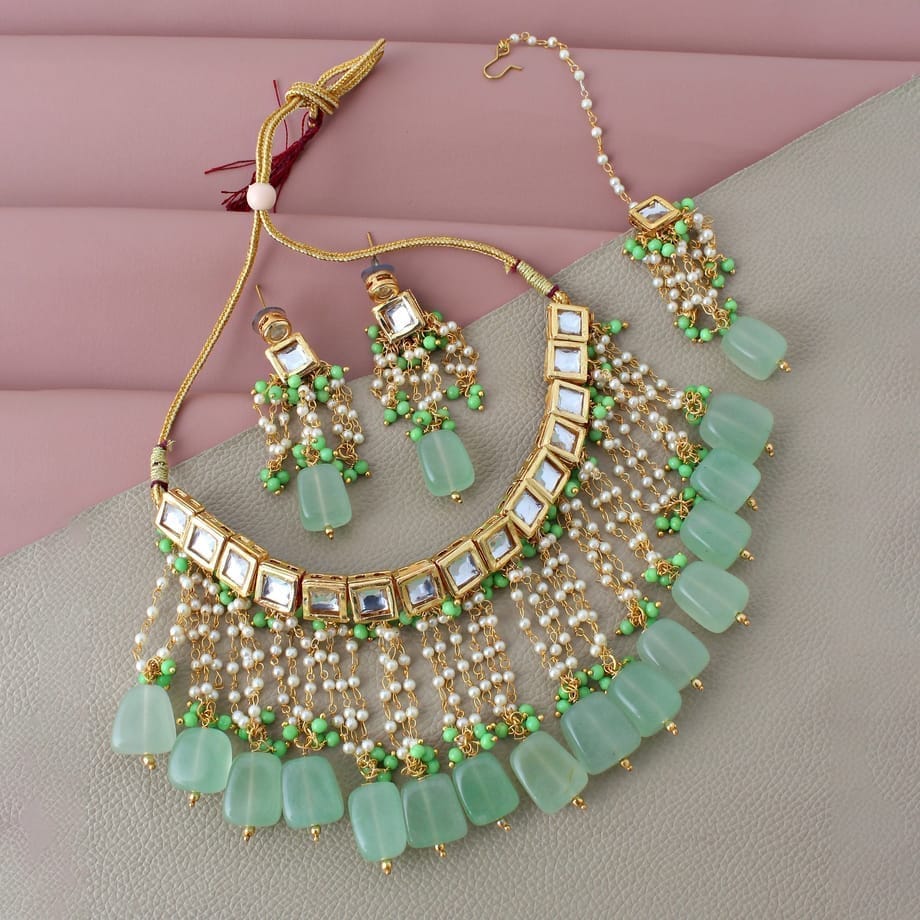 LUCKY JEWELLERY Back Meenakari 18k Gold Plated Green Color  Tika Earring Combo Uncut Big Faux Kundan Choker Necklace set