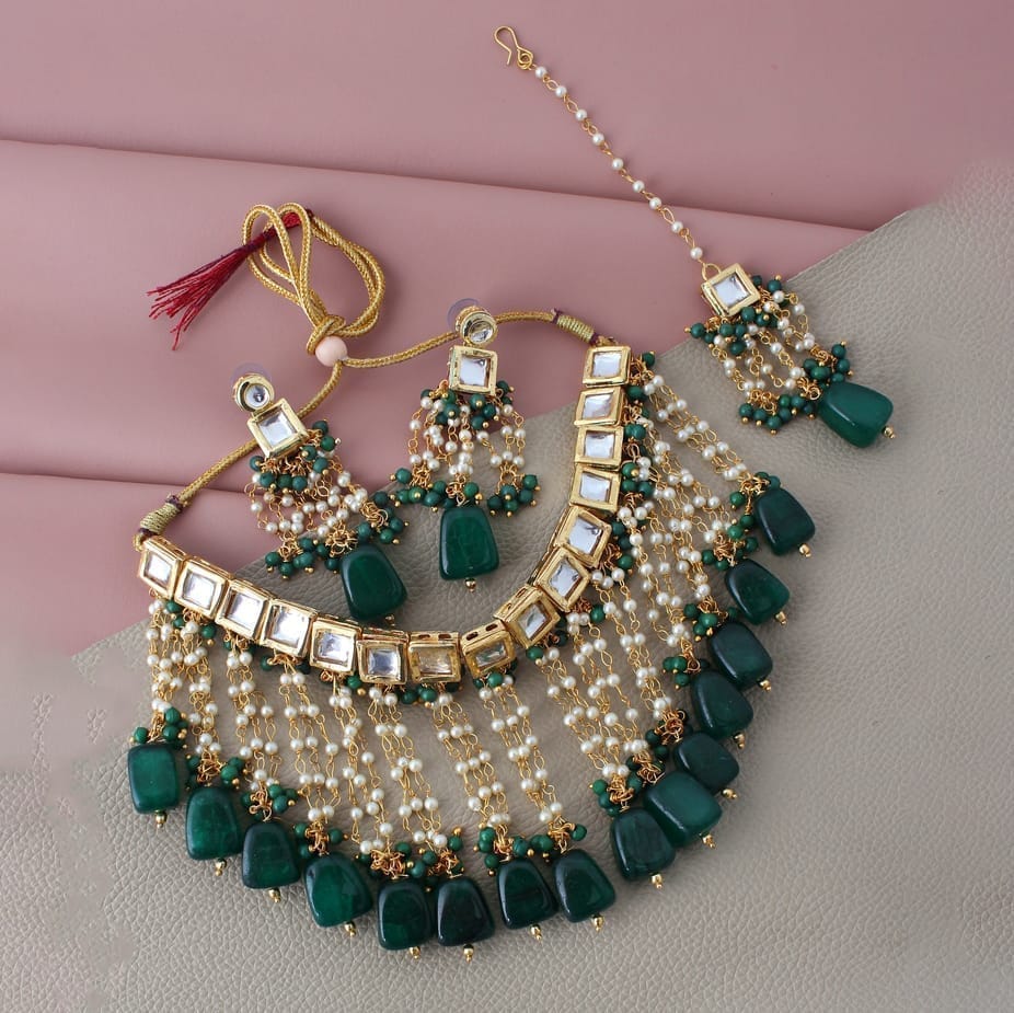 LUCKY JEWELLERY Back Meenakari 18k Gold Plated Green Color  Tika Earring Combo Uncut Big Faux Kundan Choker Necklace set