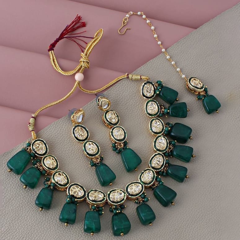 LUCKY JEWELLERY Back Meenakari 18k Gold Plated Green Color  Tika Earring Combo Uncut Big Faux Kundan Choker Necklace set