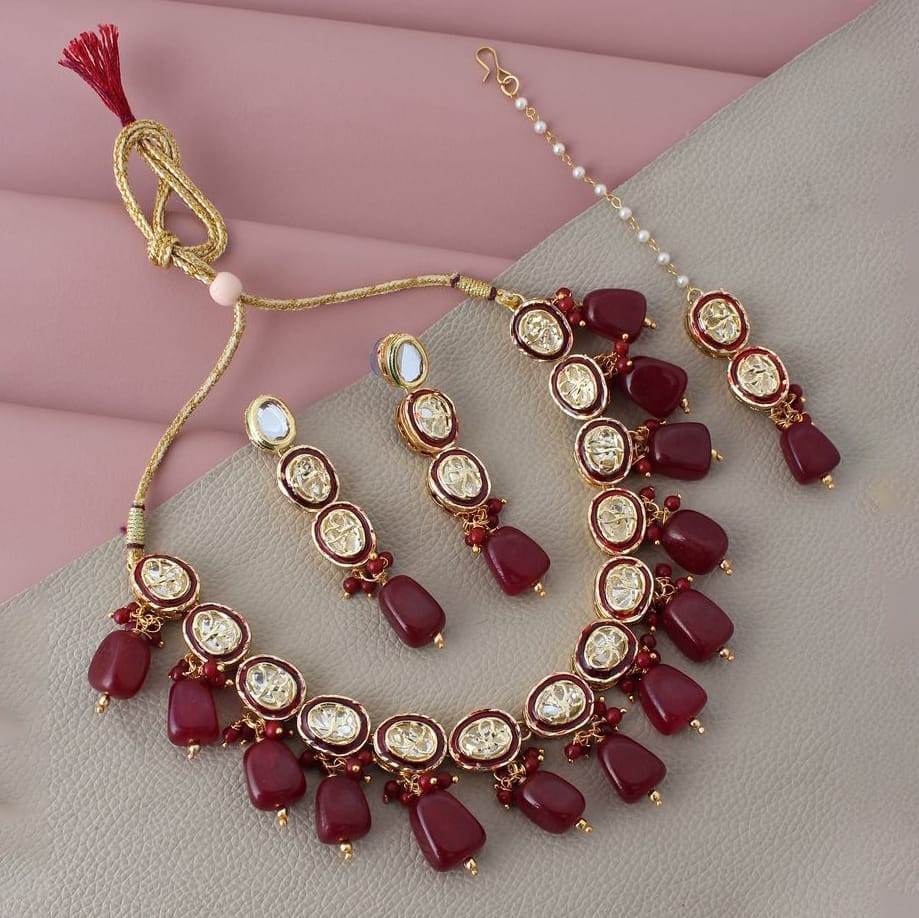 LUCKY JEWELLERY Back Meenakari 18k Gold Plated Maroon Color  Tika Earring Combo Uncut Big Faux Kundan Choker Necklace set