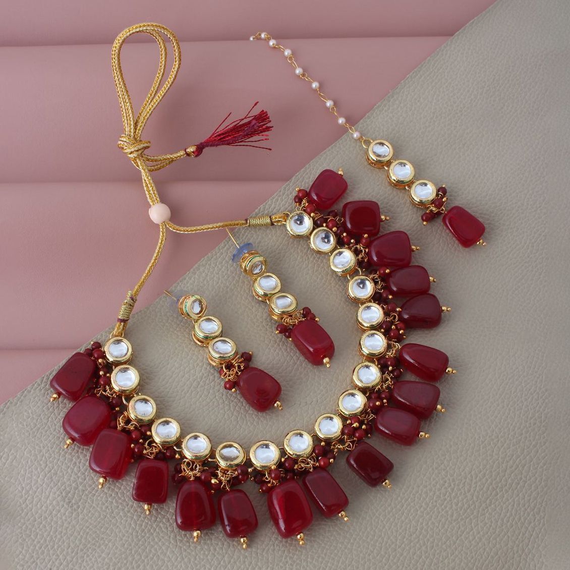 LUCKY JEWELLERY Back Meenakari 18k Gold Plated Maroon Color  Tika Earring Combo Uncut Big Faux Kundan Choker Necklace set