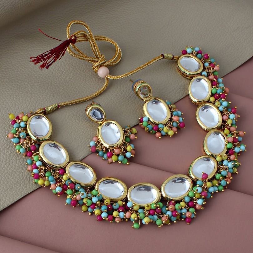 LUCKY JEWELLERY Back Meenakari 18k Gold Plated Multicolor Earring Combo Uncut Big Faux Kundan Choker Necklace set