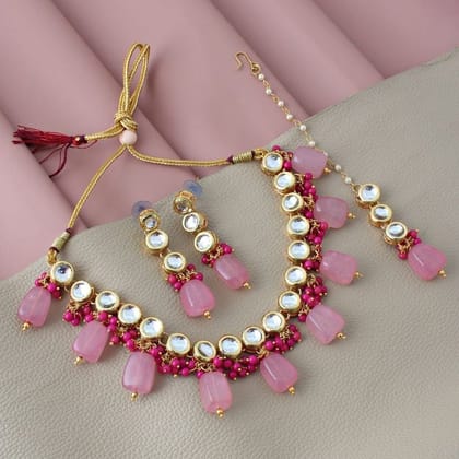 LUCKY JEWELLERY Back Meenakari 18k Gold Plated Pink Color  Tika Earring Combo Uncut Big Faux Kundan Choker Necklace set