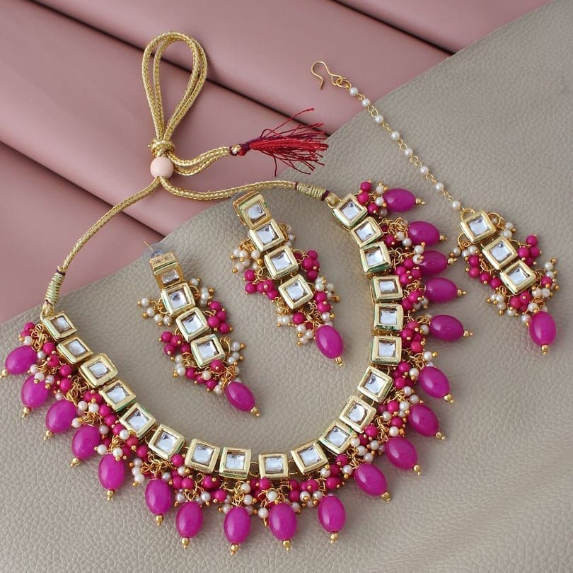 LUCKY JEWELLERY Back Meenakari 18k Gold Plated Magenta Color Tika Earring Combo Uncut Faux Kundan Choker Necklace set