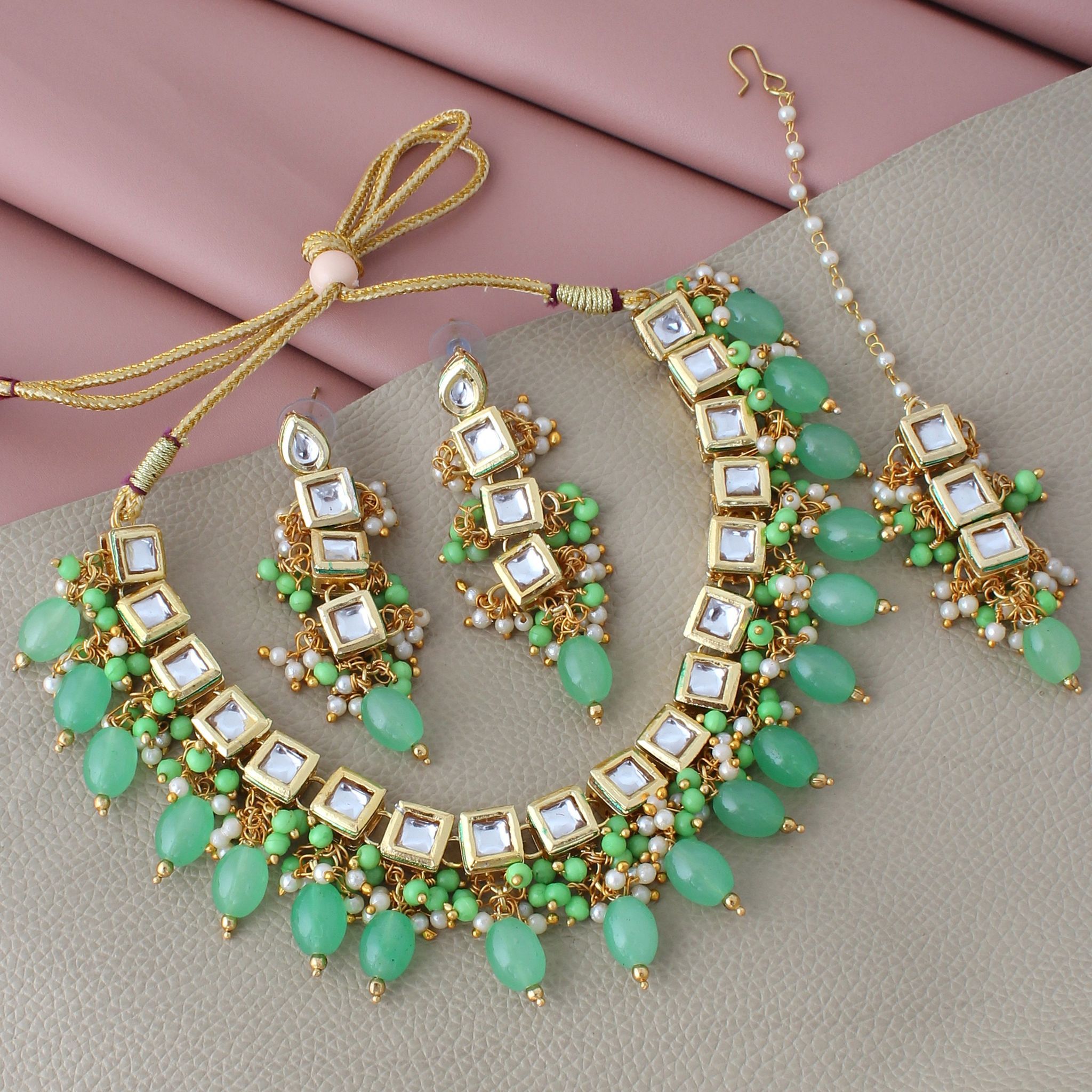 LUCKY JEWELLERY Back Meenakari 18k Gold Plated Green Color Tika Earring Combo Uncut Big Faux Kundan Choker Necklace set