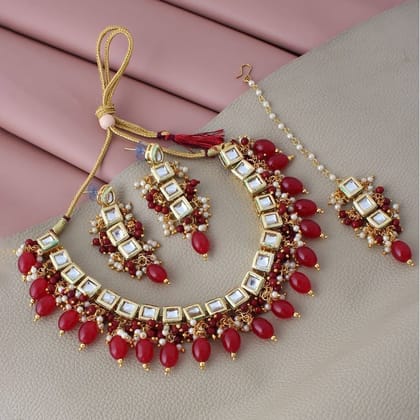 LUCKY JEWELLERY Back Meenakari 18k Gold Plated Maroon Color Tika Earring Combo Uncut Big Faux Kundan Choker Necklace set