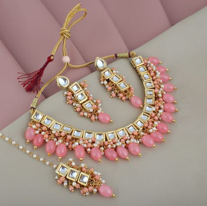 LUCKY JEWELLERY Back Meenakari 18k Gold Plated Peach Color Tika Earring Combo Uncut Big Faux Kundan Choker Necklace set