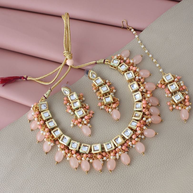 LUCKY JEWELLERY Back Meenakari 18k Gold Plated Peach Color Tika Earring Combo Uncut Big Faux Kundan Choker Necklace set