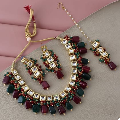 LUCKY JEWELLERY Back Meenakari 18k Gold Plated Multicolor Tika Earring Combo Uncut Big Faux Kundan Choker Necklace set