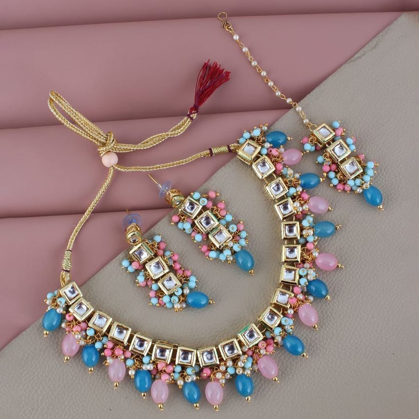 LUCKY JEWELLERY Back Meenakari 18k Gold Plated Multicolor Tika Earring Combo Uncut Big Faux Kundan Choker Necklace set