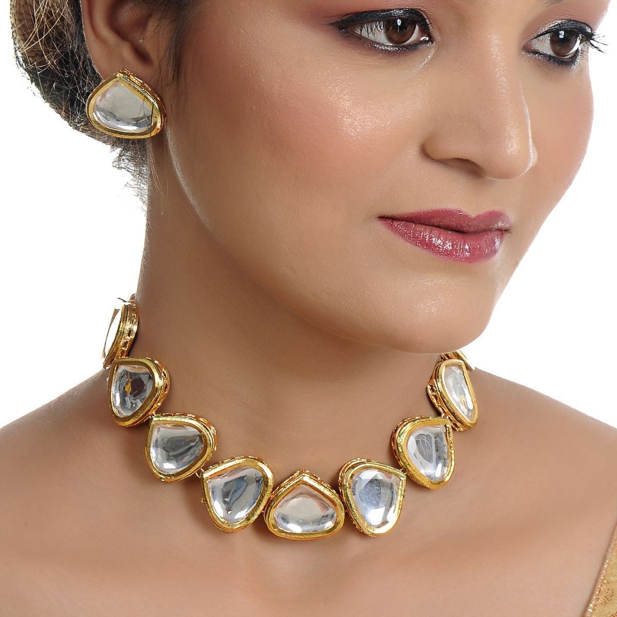 LUCKY JEWELLERY Back Meenakari 18k Gold Plated White Color Earring Combo Uncut Big Faux Kundan Choker Necklace set