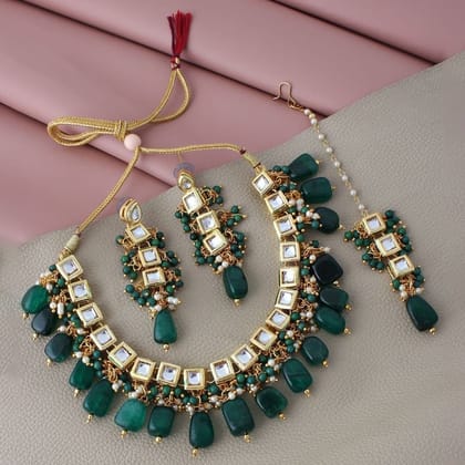 LUCKY JEWELLERY Back Meenakari 18k Gold Plated Green Color Tika Earring Combo Uncut Big Faux Kundan Choker Necklace set