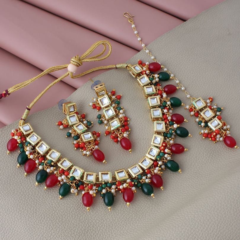 LUCKY JEWELLERY Back Meenakari 18k Gold Plated Multicolor Tika Earring Combo Uncut Big Faux Kundan Choker Necklace set