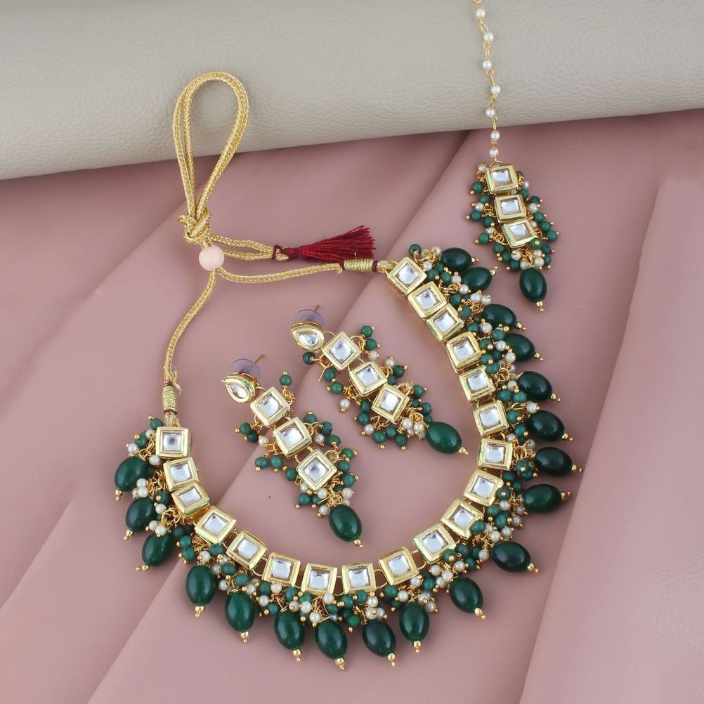 LUCKY JEWELLERY Back Meenakari 18k Gold Plated Green Color  Tika Earring Combo Uncut Big Faux Kundan Choker Necklace set