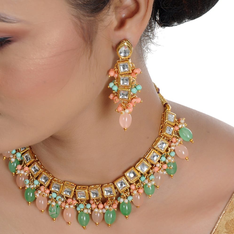 LUCKY JEWELLERY Back Meenakari 18k Gold Plated Multicolor Tika Earring Combo Uncut Big Faux Kundan Choker Necklace set