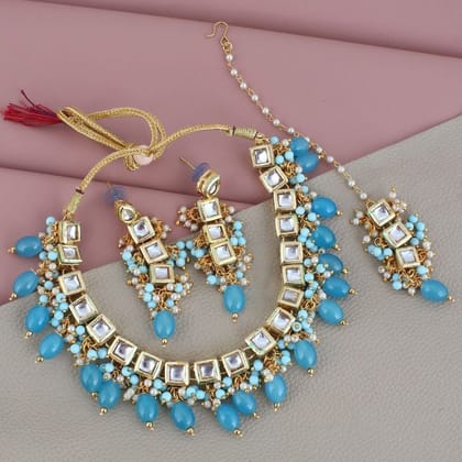 LUCKY JEWELLERY Back Meenakari 18k Gold Plated Blue Color  Tika Earring Combo Uncut Big Kundan Choker Necklace set