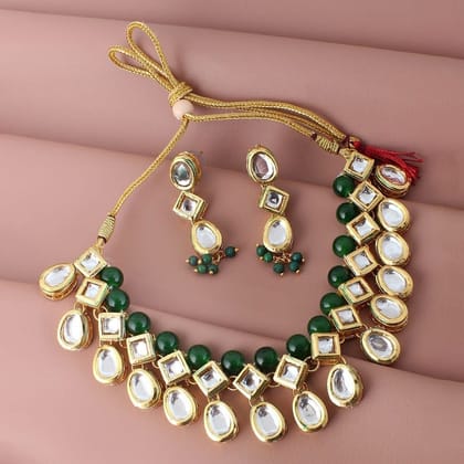 LUCKY JEWELLERY Back Meenakari 18k Gold Plated Green Color Earring Combo Uncut Big Faux Kundan Choker Necklace set