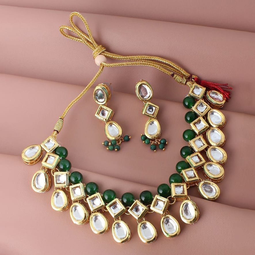 LUCKY JEWELLERY Back Meenakari 18k Gold Plated Green Color Earring Combo Uncut Big Faux Kundan Choker Necklace set