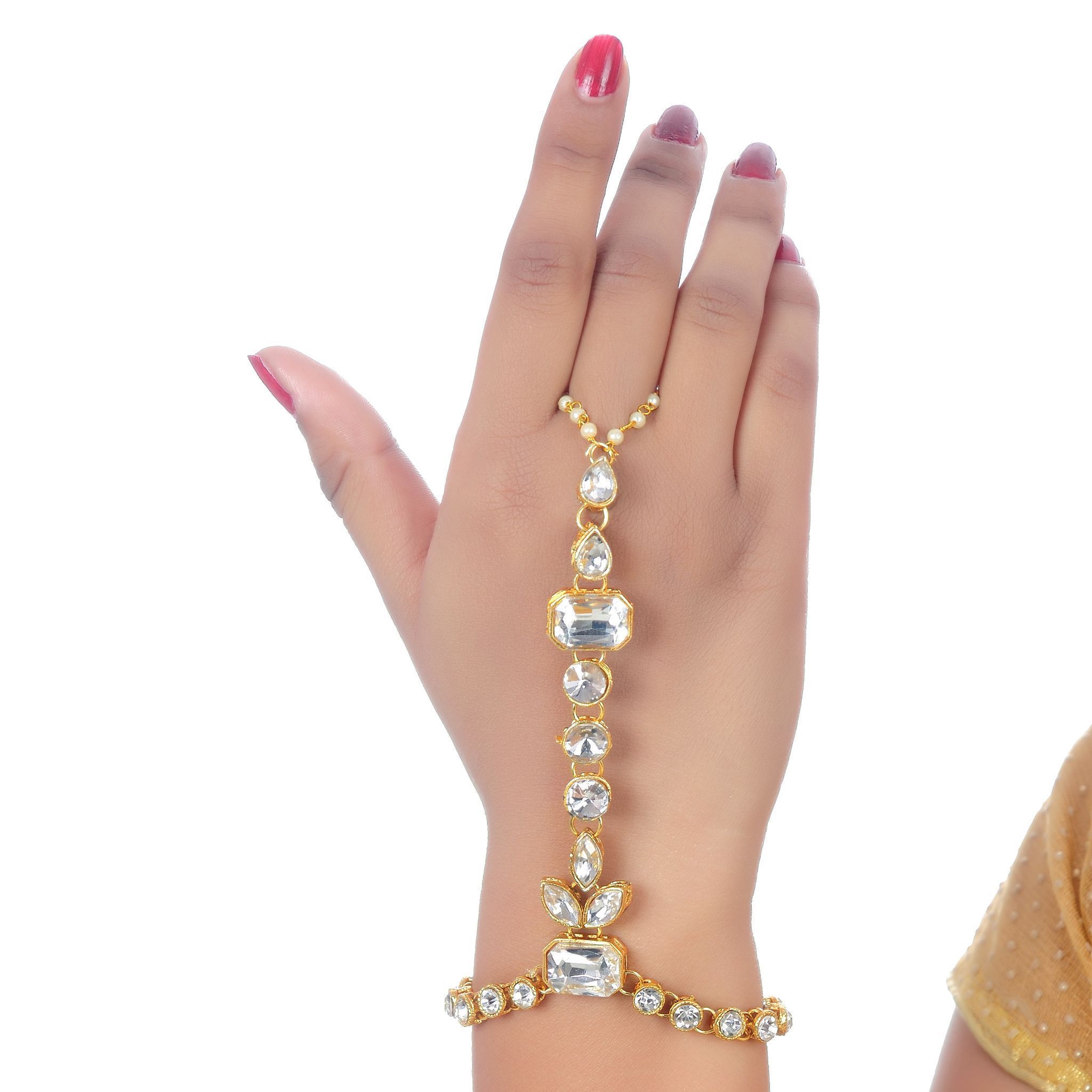 Lucky Jewellery Elegant White Color Gold Plated Finger Ring Bracelet Hand Harness Hathphool For Girls & Women (159-L1HS-01-W)