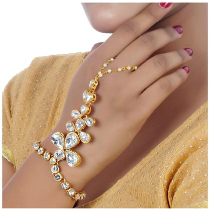 Lucky Jewellery Elegant White Color Gold Plated Finger Ring Bracelet Hand Harness Hathphool For Girls & Women (318-L1HS-02-W-2)