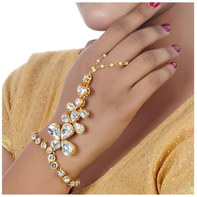 Lucky Jewellery Elegant White Color Gold Plated Finger Ring Bracelet Hand  Harness Hathphool For Girls & Women (318-L1HS-02-W-2)