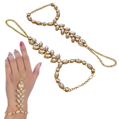 Lucky Jewellery Elegant White Color Gold Plated Finger Ring Bracelet Hand Harness Hathphool For Girls & Women (298-L1HS-11-W-2)