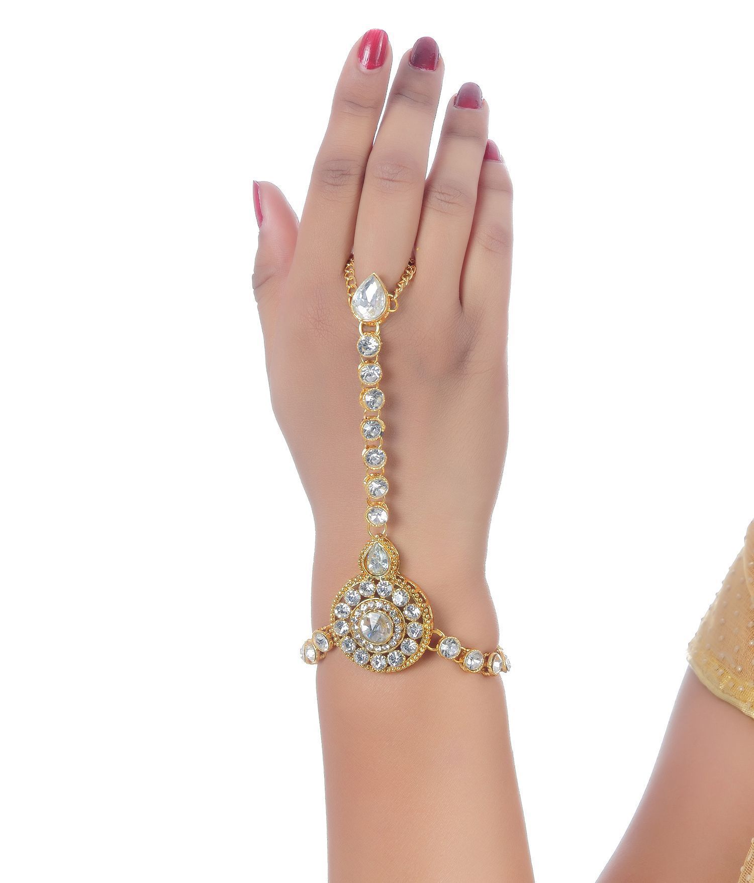 Indian Bride Hand Made Classic Bracelet With Finger Ring Gold Finishing  With White Stone - RICH LADY - 1653119