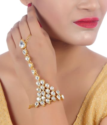 Lucky Jewellery Elegant White Color Gold Plated Stone Hand Bracelet Bridal Hathphool For Girls & Women (215-L1HS-16-W)