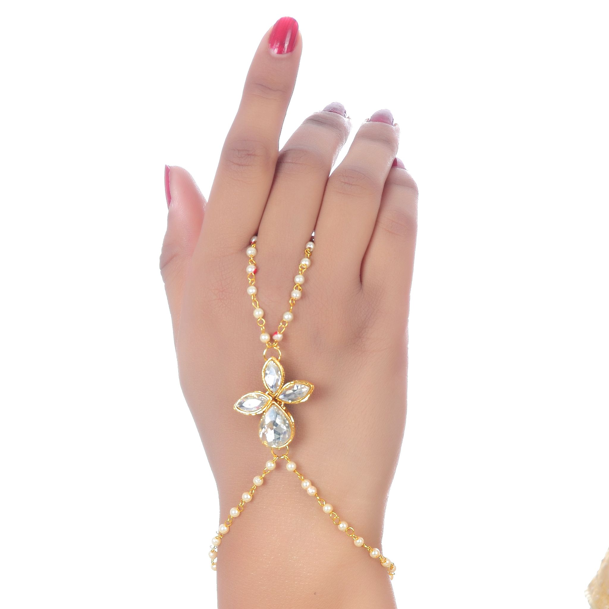 Lucky Jewellery Elegant White Color Gold Plated Finger Ring Bracelet Hand Harness Hathphool For Girls & Women (76-L1HM-06-W)