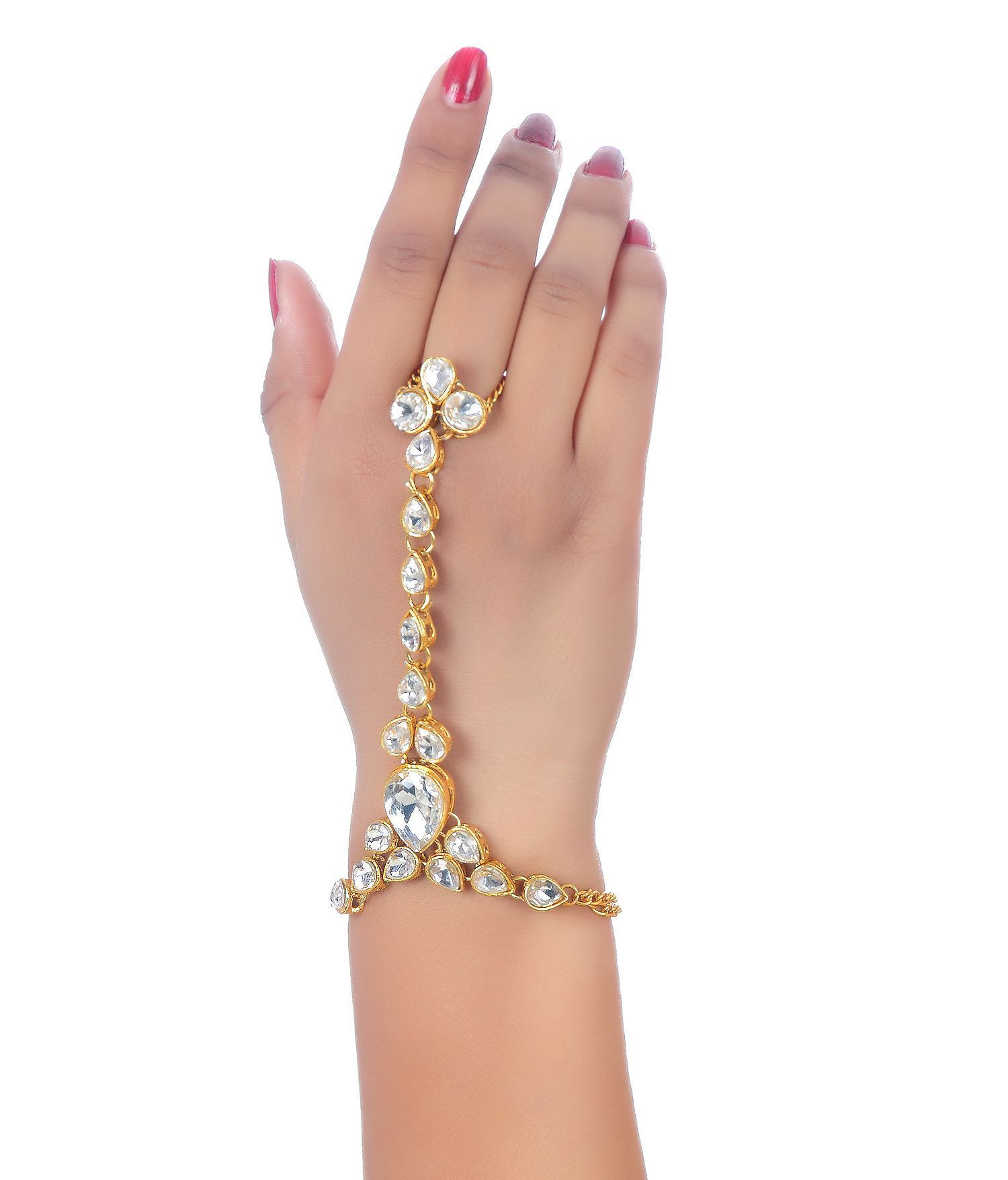 Lucky Jewellery Elegant White Color Gold Plated Finger Ring Bracelet Hand Harness Hathphool For Girls & Women (159-L1HS-04-W)